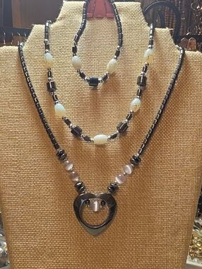 Genuine Hematite Heart with Cat Eye Beads Pendant 16" Hematite Necklace Plus